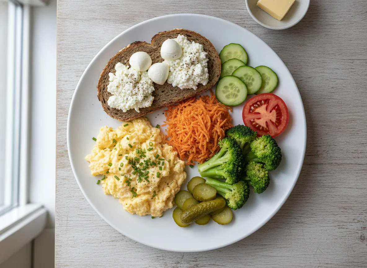 Frühstücksteller mit Rührei, Vollkornbrot und Gemüse photo