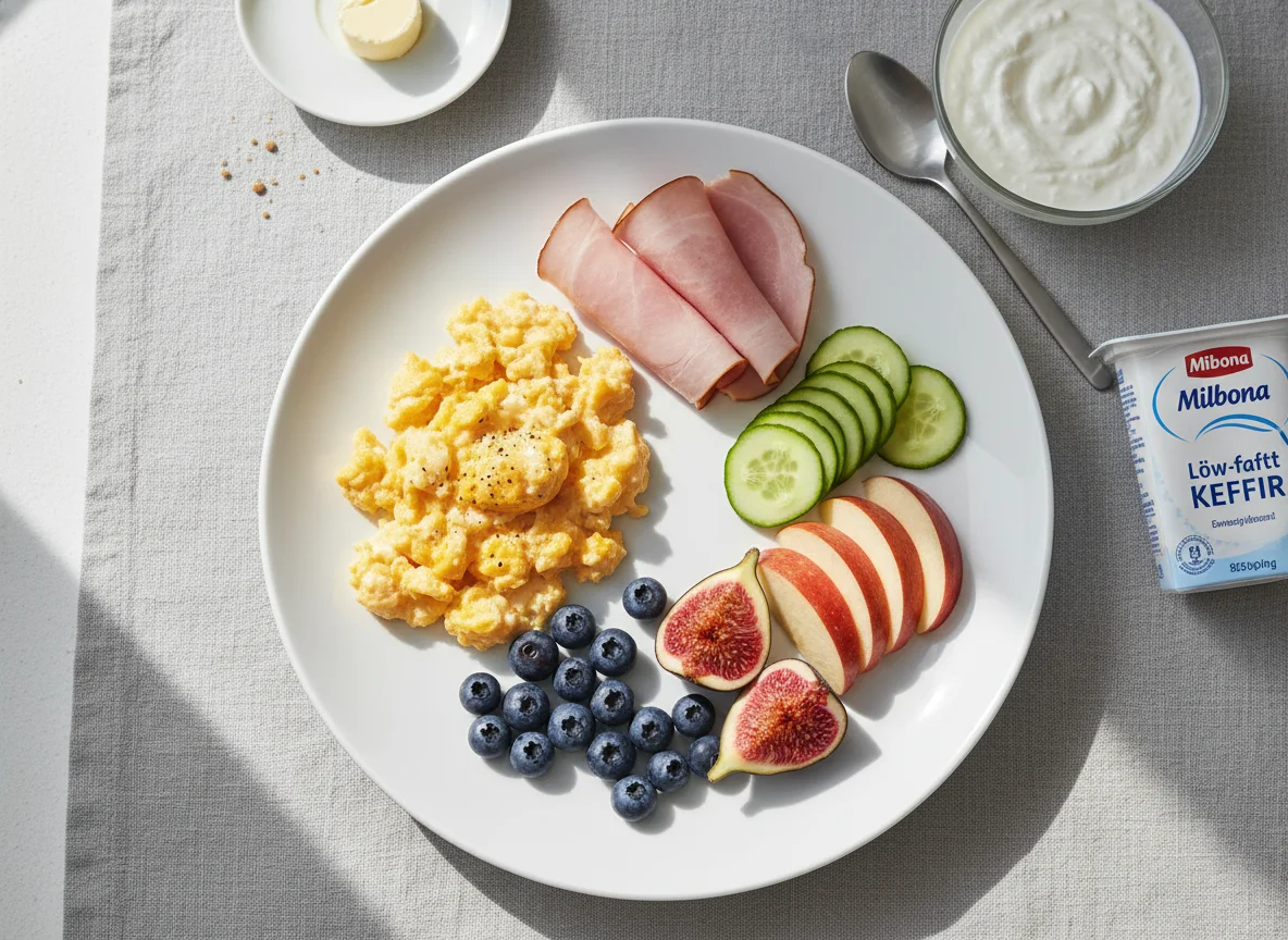 Frühstücksteller mit Rührei, Wurst, Obst und Kefir photo