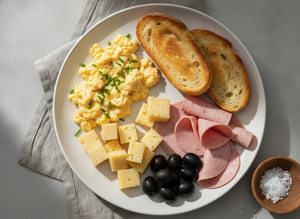 Frühstücksteller mit Rührei, Wurst und Käse photo