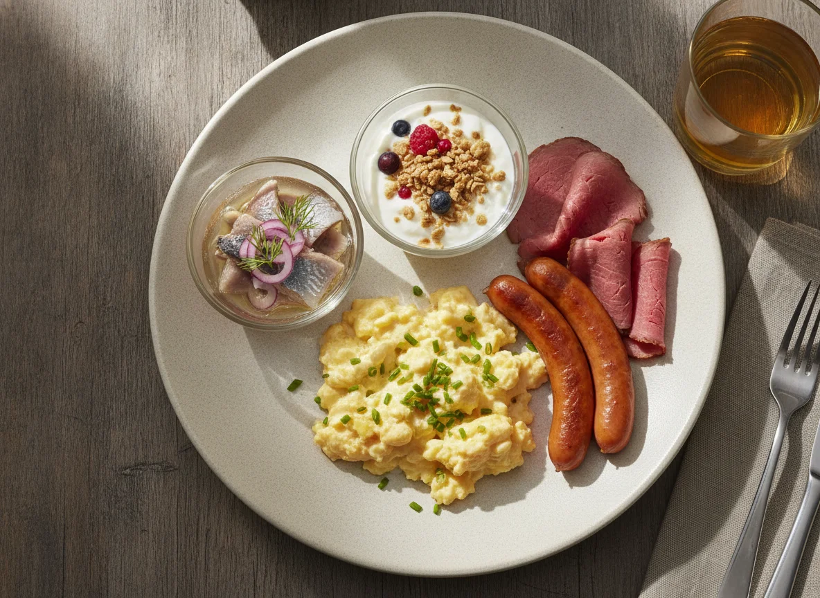 Frühstücksteller mit Rührei, Würstchen, Aufschnitt und Hering photo