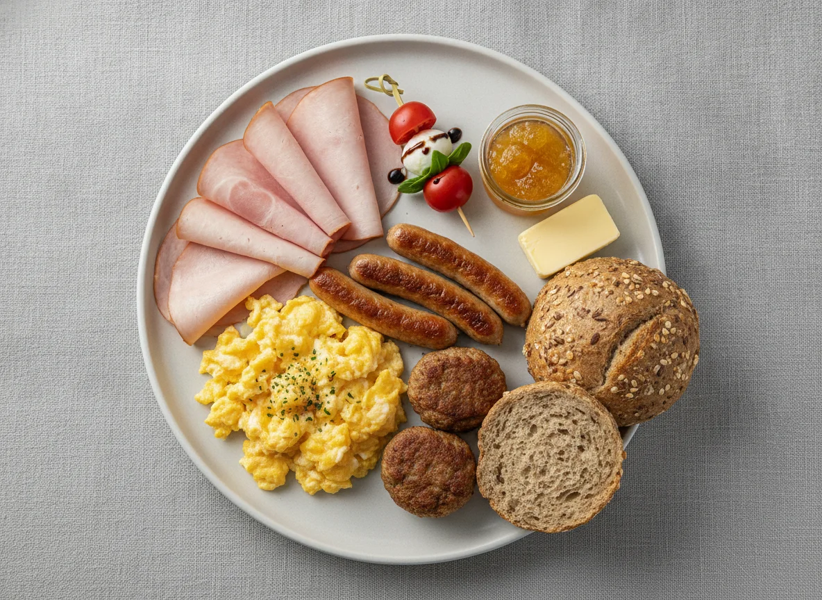 Frühstücksteller mit Rührei, Würstchen und Brötchen photo