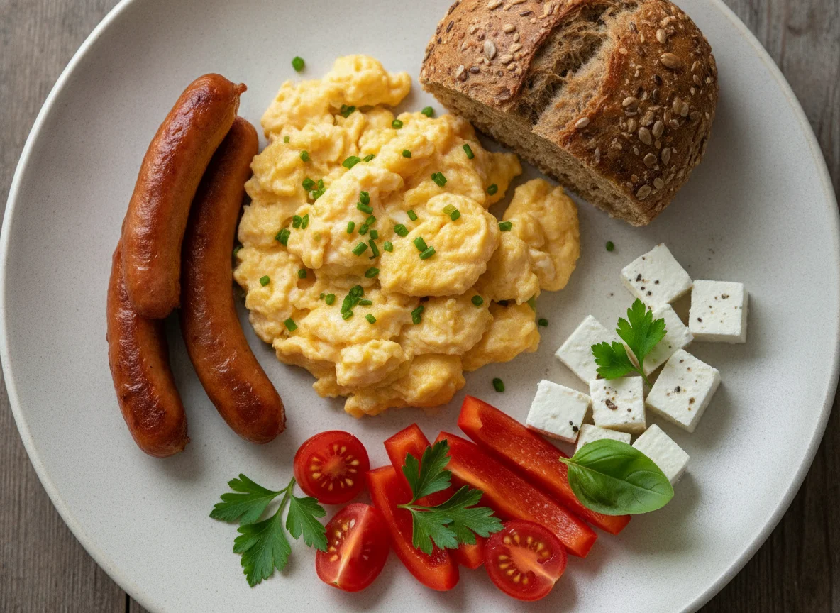 Frühstücksteller mit Rührei, Würstchen und Gemüse photo