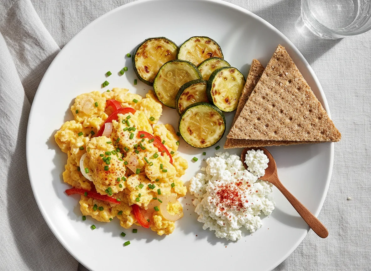 Frühstücksteller mit Rührei, Zucchini und Knäckebrot photo