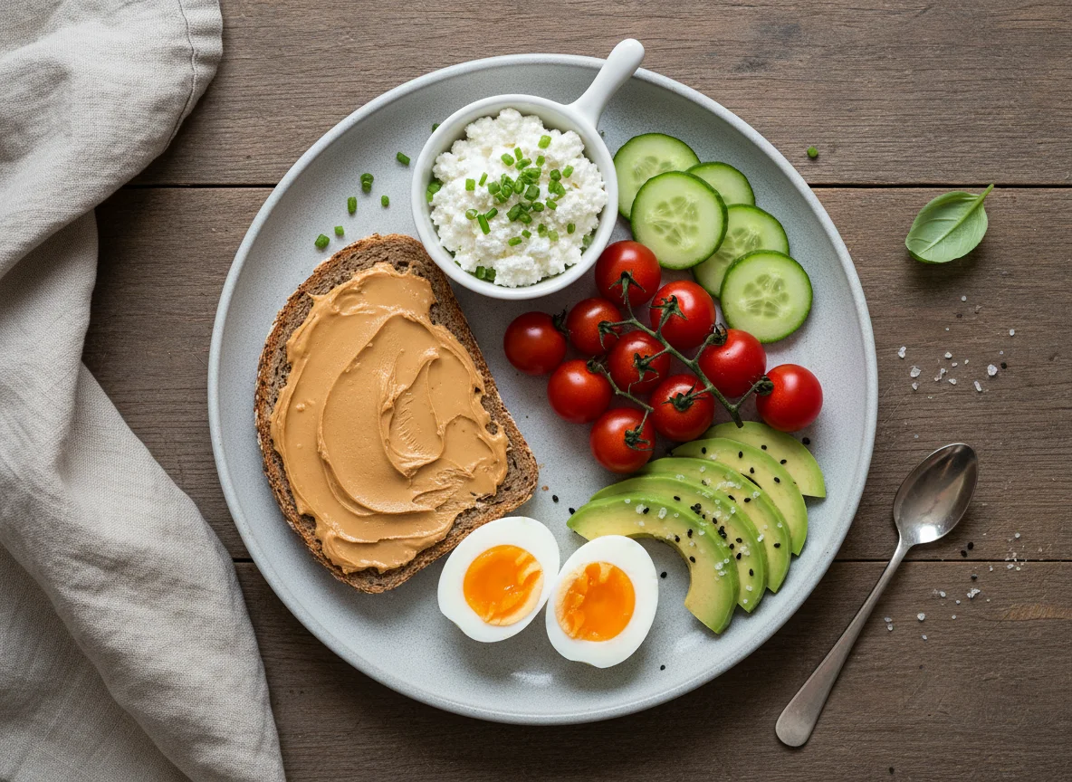 Frühstücksteller mit Saatenbrot, Eiern und Gemüse photo