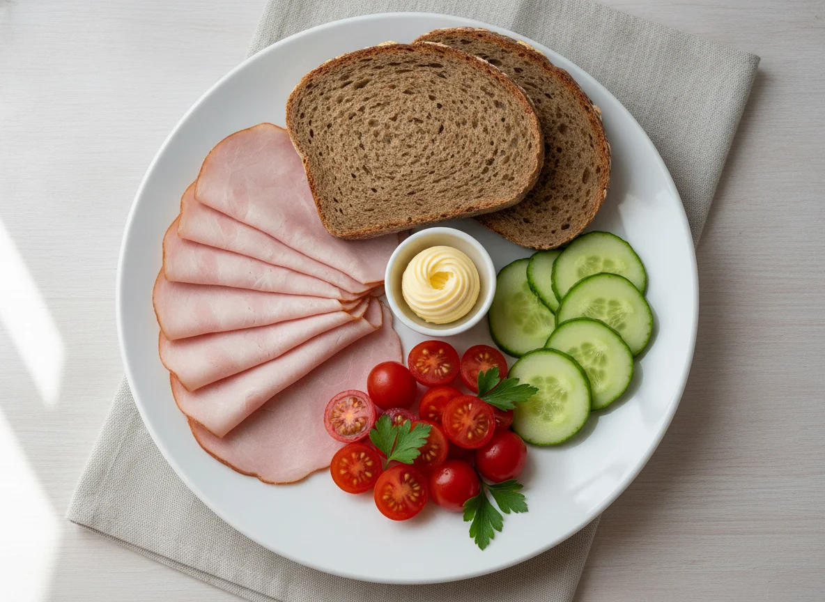 Frühstücksteller mit Schinken, Brot und Gemüse photo