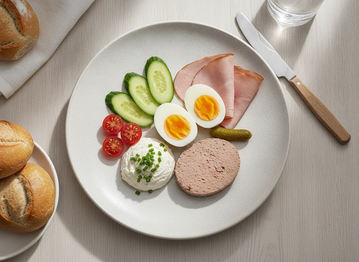 Frühstücksteller mit Schinken, Ei und Gemüse photo