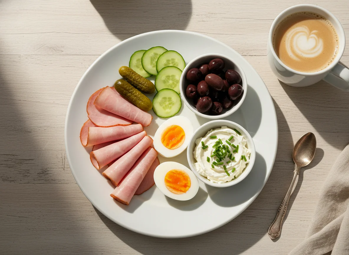 Frühstücksteller mit Schinken, Ei und Kaffee photo