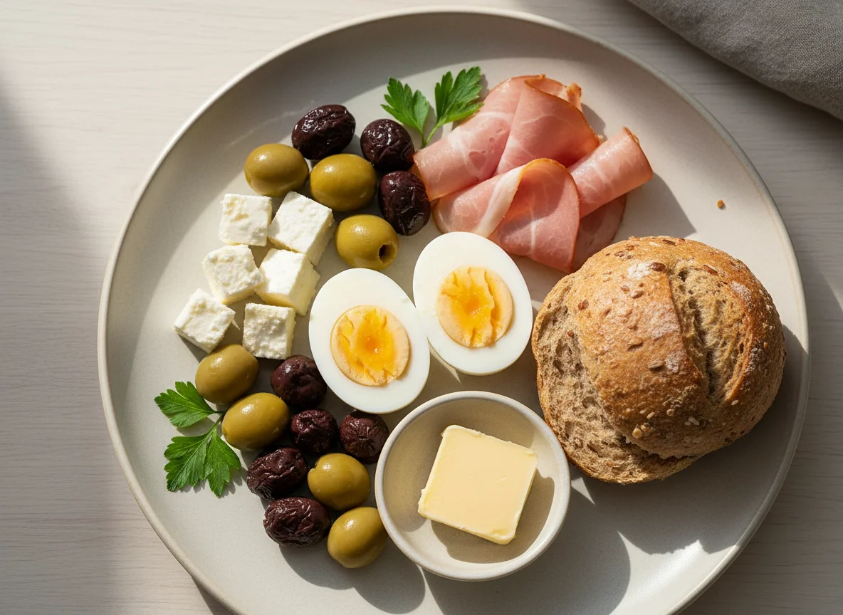 Frühstücksteller mit Schinken, Ei und Oliven photo