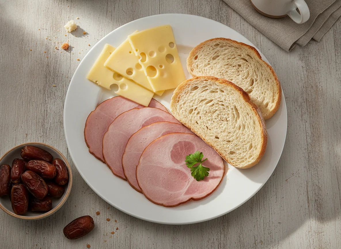 Frühstücksteller mit Schinken, Käse und Brot photo