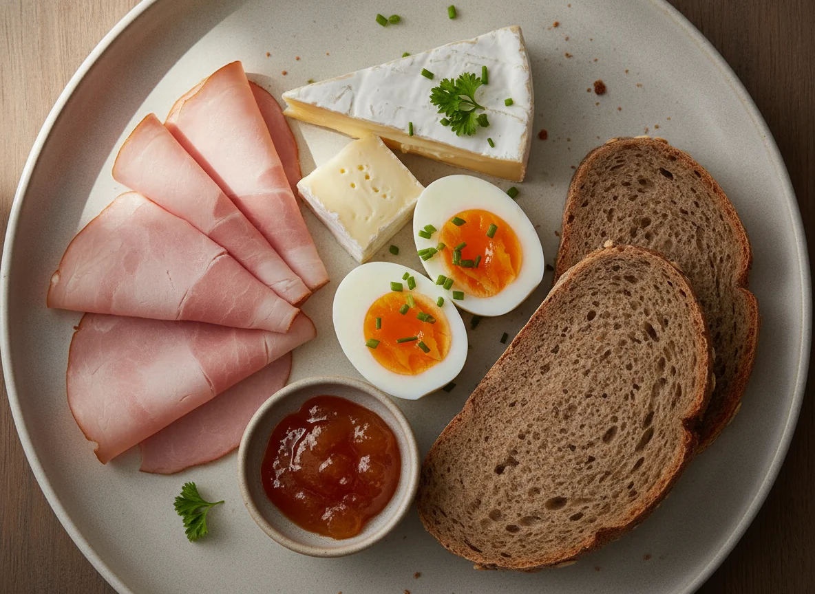 Frühstücksteller mit Schinken, Käse und Ei photo
