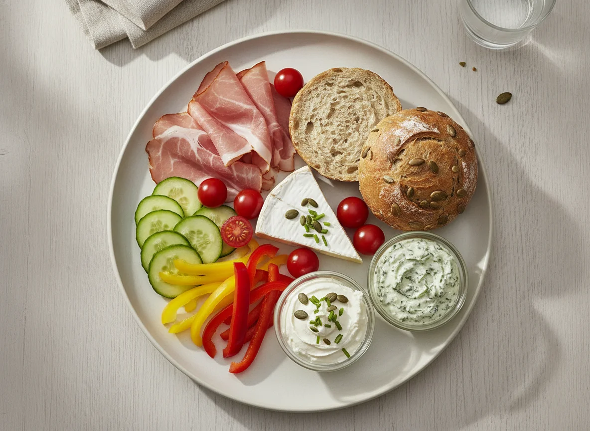 Frühstücksteller mit Schinken, Käse und Gemüse photo