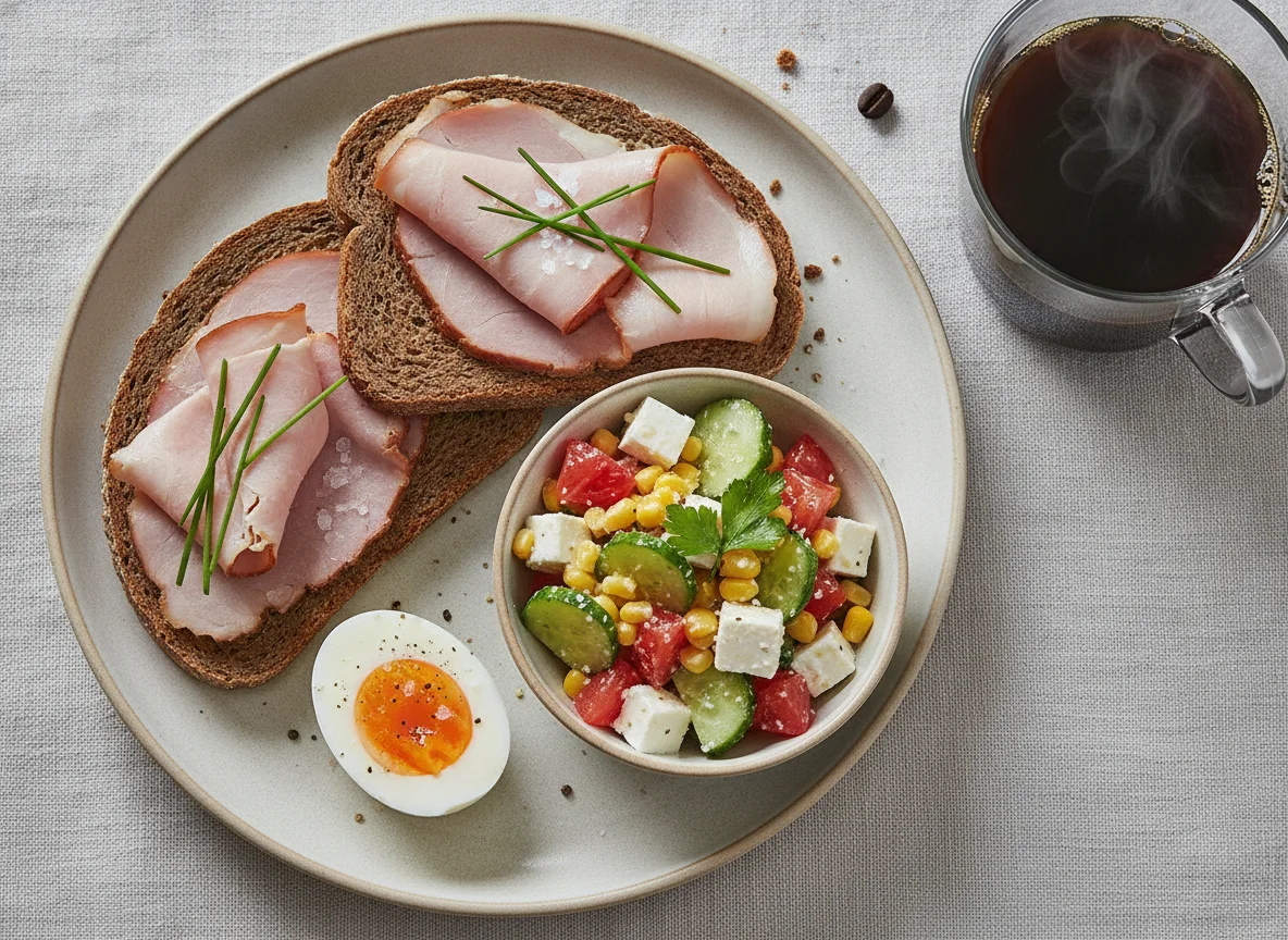 Frühstücksteller mit Schinkenbrot, Ei und Maissalat photo