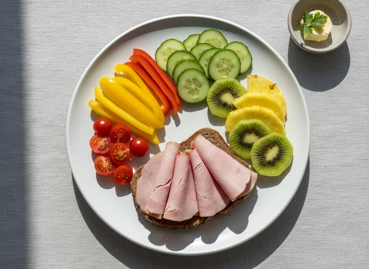 Frühstücksteller mit Schinkenbrot und Obst/Gemüse photo