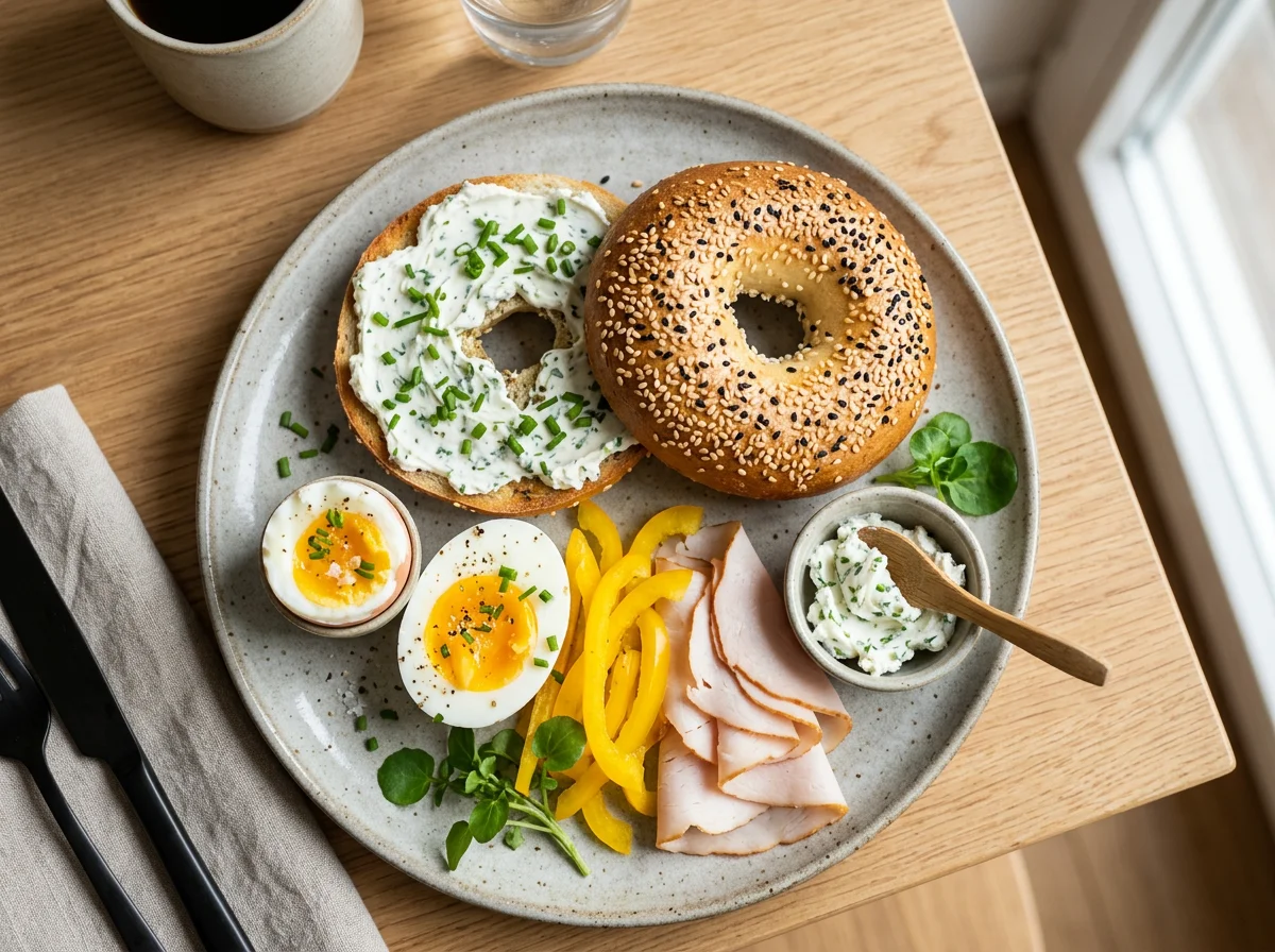 Frühstücksteller mit Sesam-Bagel, Eiern und Paprika photo