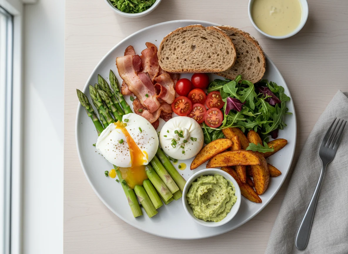 Frühstücksteller mit Spargel, pochiertem Ei und Speck photo
