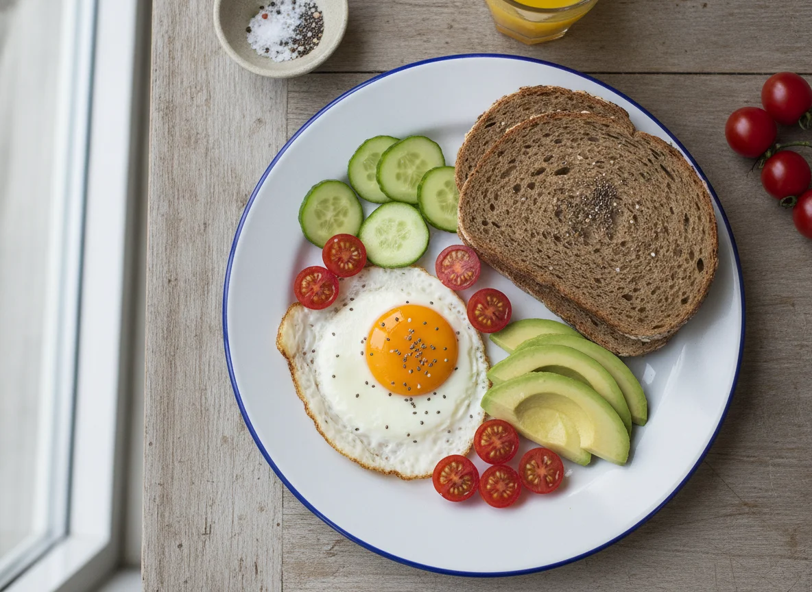 Frühstücksteller mit Spiegelei, Avocado und Vollkornbrot photo