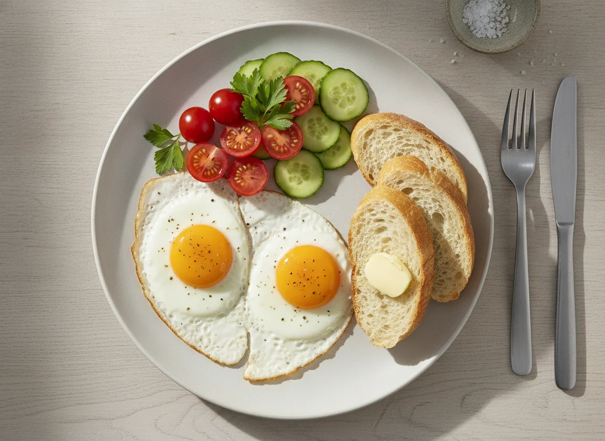 Frühstücksteller mit Spiegelei, Baguette und Gemüse photo