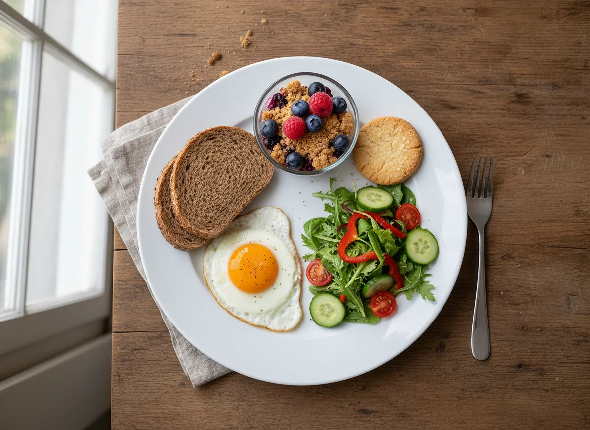 Frühstücksteller mit Spiegelei, Brot, Salat und Dessert photo
