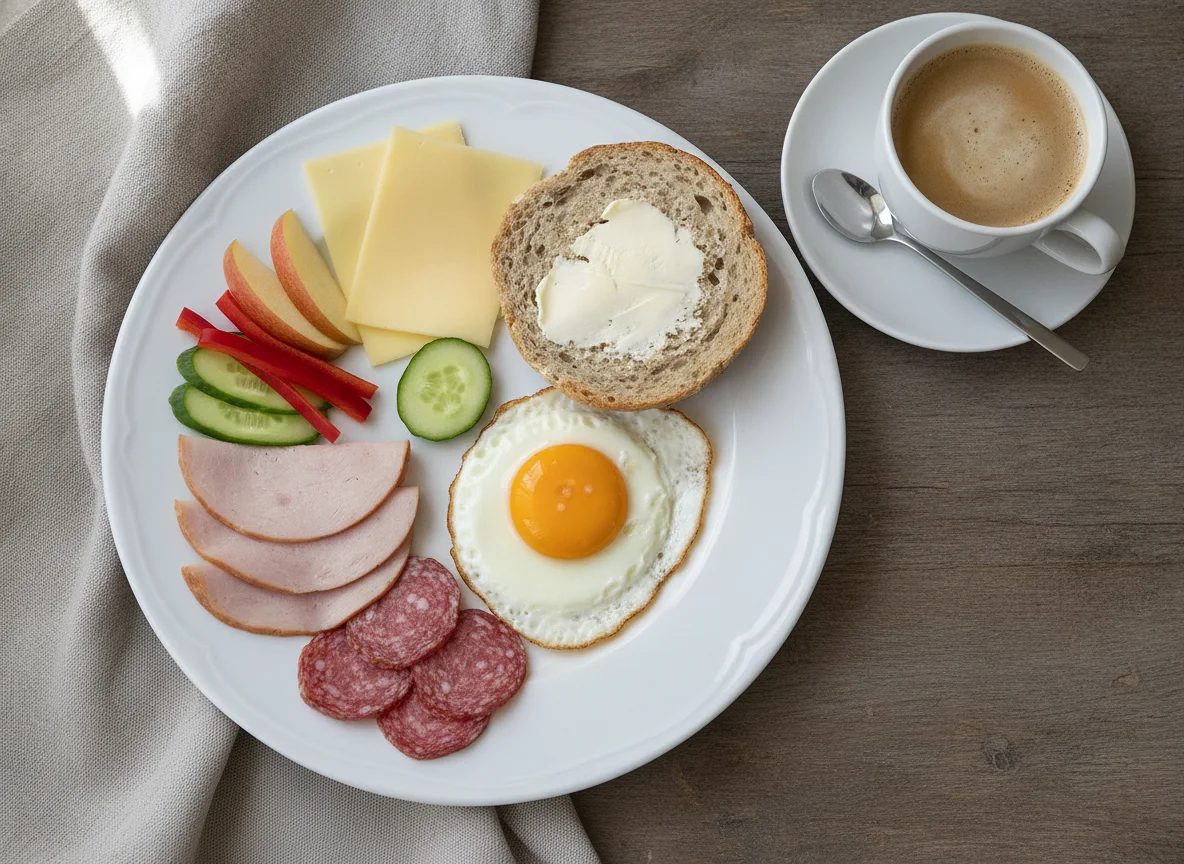 Frühstücksteller mit Spiegelei, Brötchen und Aufschnitt photo