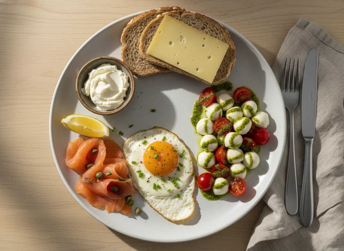 Frühstücksteller mit Spiegelei, Caprese, Lachs und Brot photo