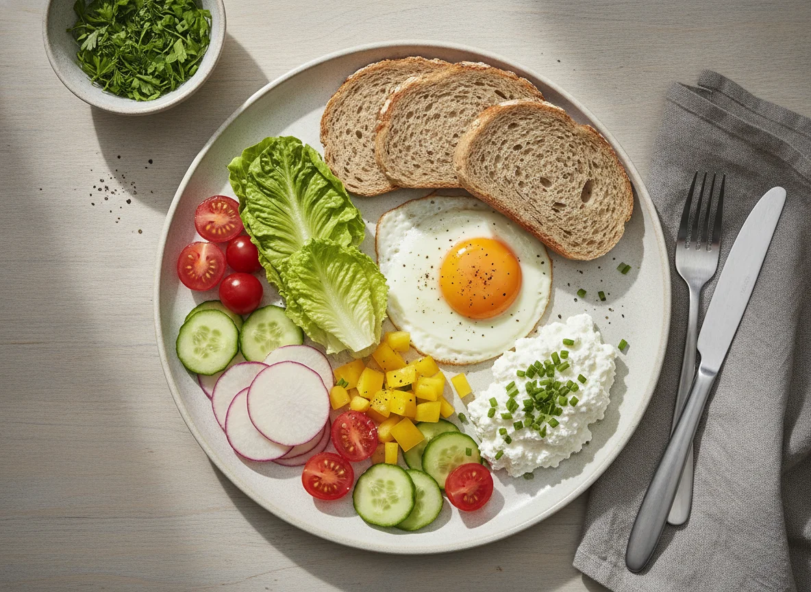 Frühstücksteller mit Spiegelei, Hüttenkäse und Gemüse photo