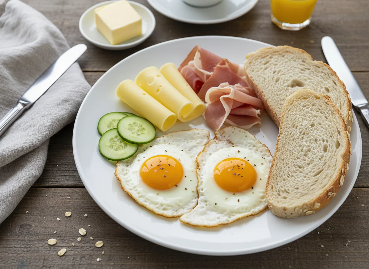 Frühstücksteller mit Spiegelei, Käse, Schinken und Brot photo