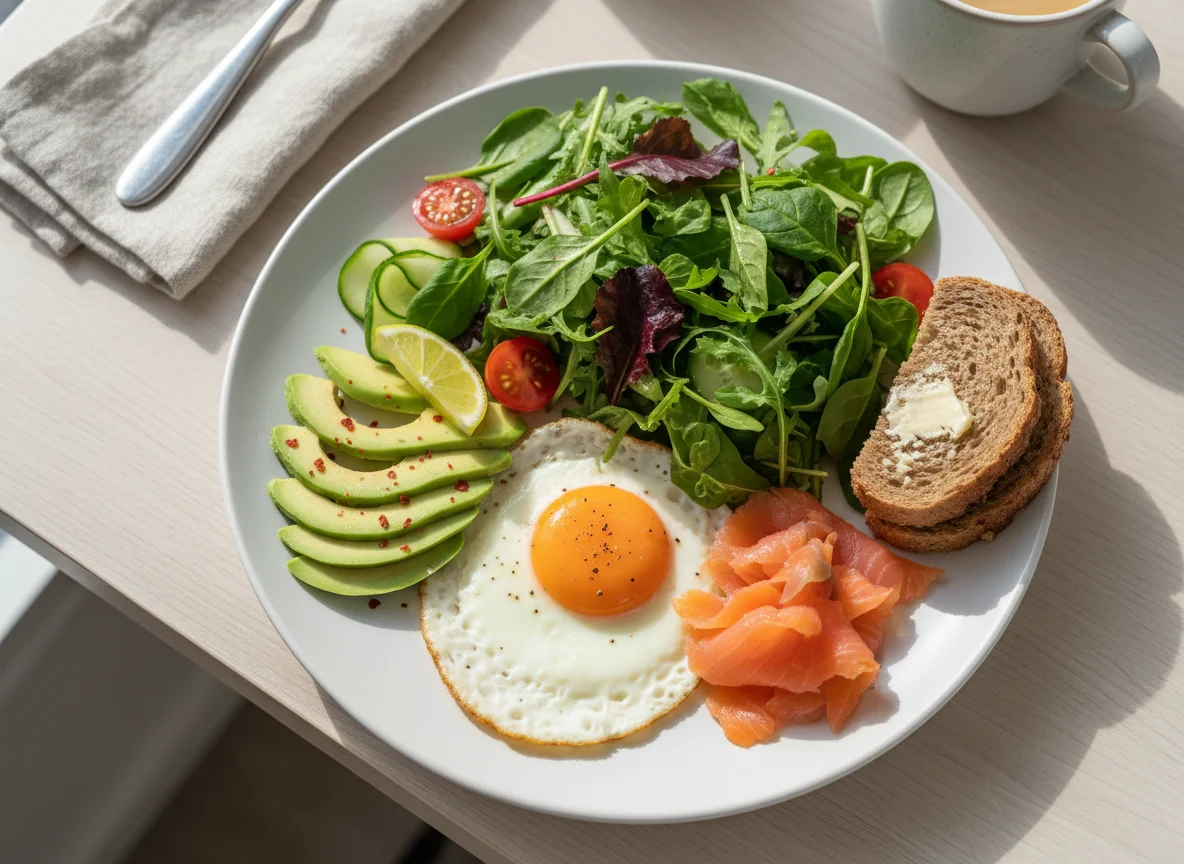 Frühstücksteller mit Spiegelei, Lachs und Salat photo