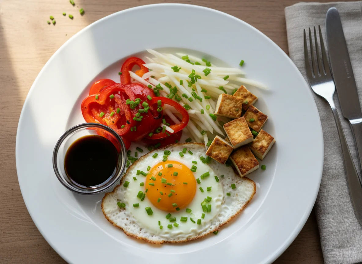 Frühstücksteller mit Spiegelei, Paprika, Kohlrabi und Tofu photo