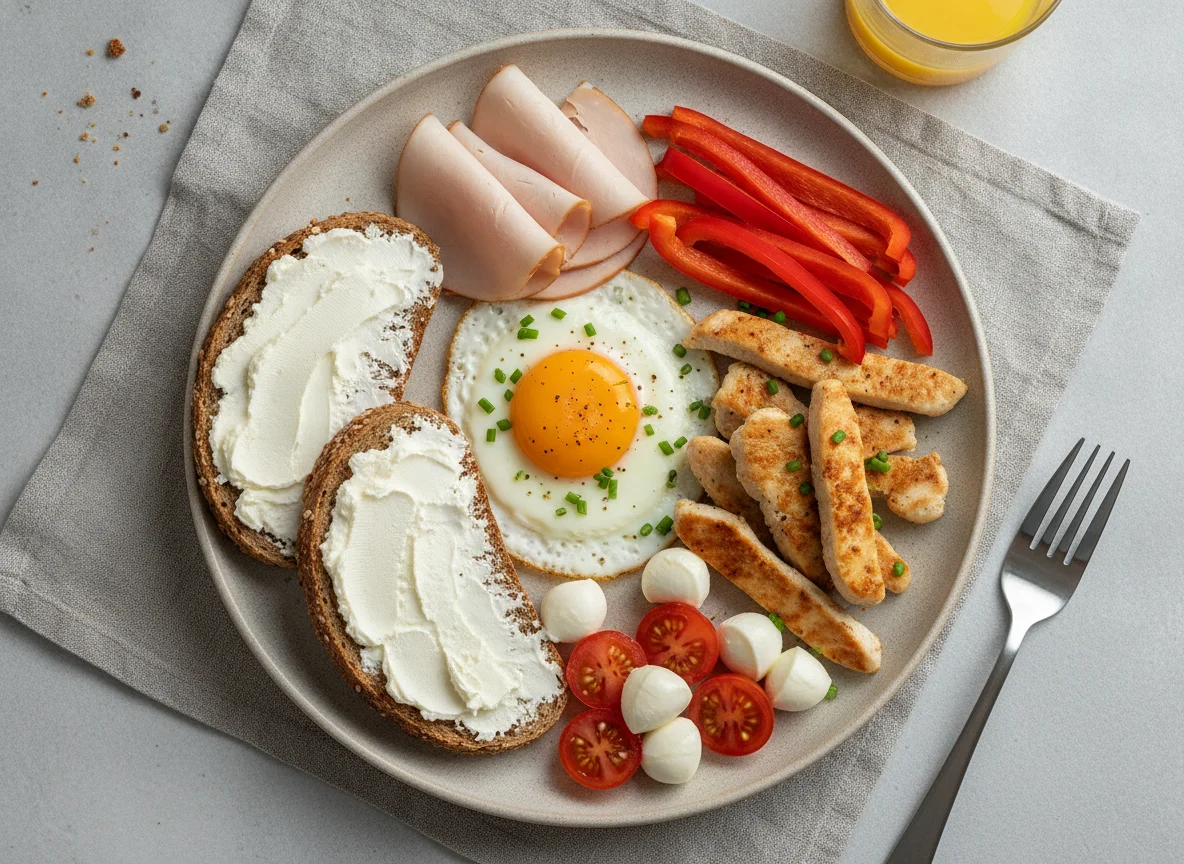 Frühstücksteller mit Spiegelei, Putenbrust und Gemüse photo