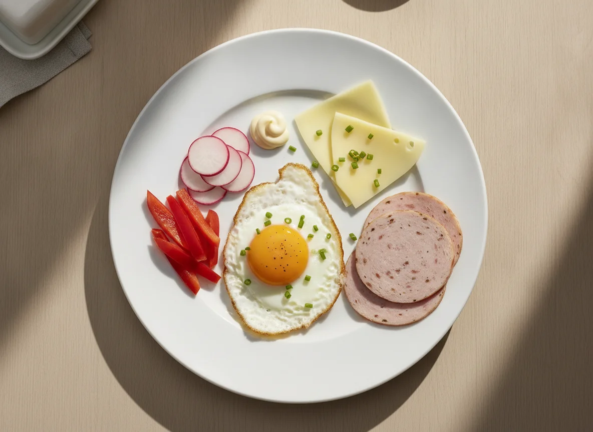 Frühstücksteller mit Spiegelei, Radieschen, Paprika und Aufschnitt photo