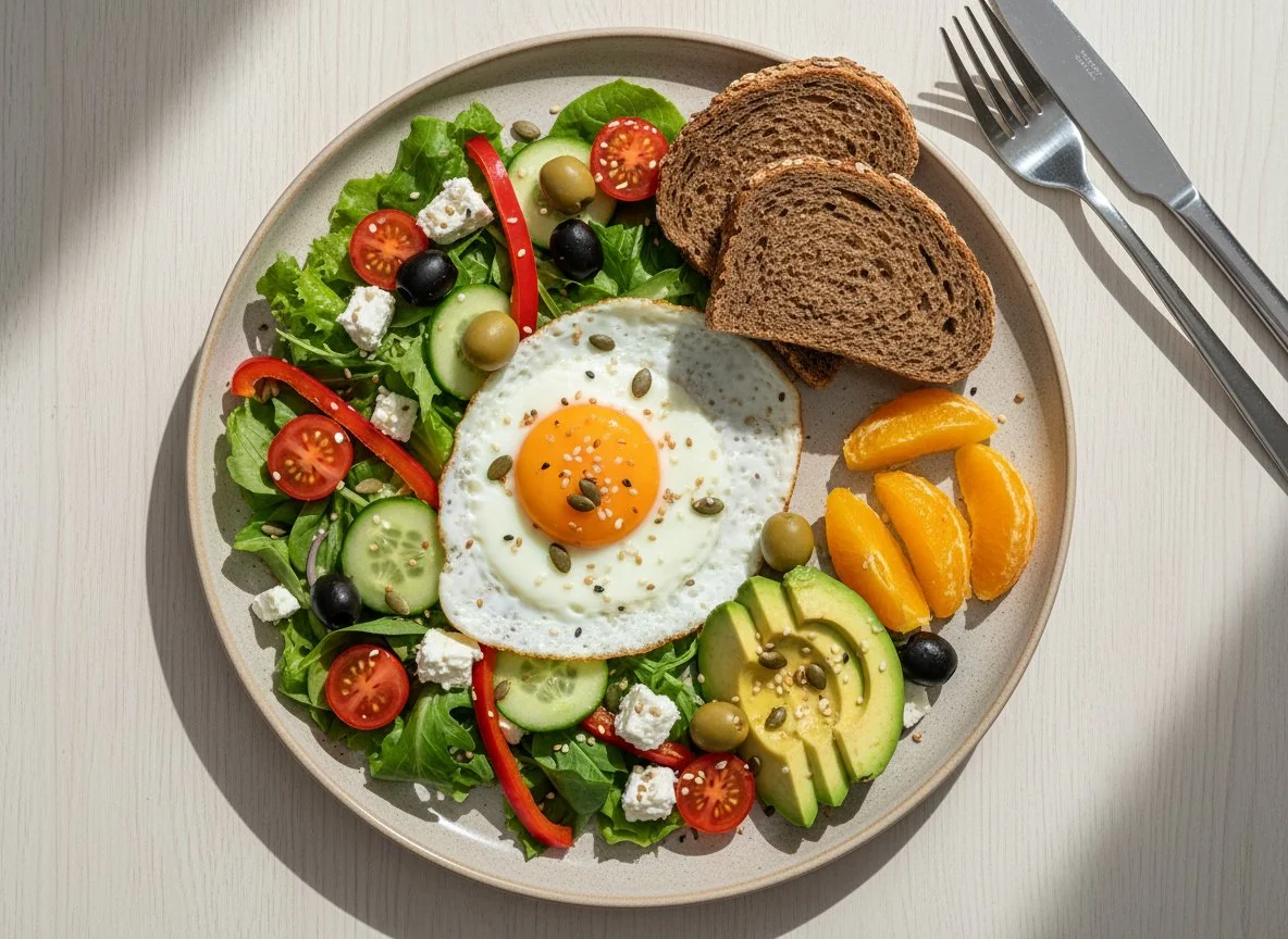 Frühstücksteller mit Spiegelei, Salat und Obst photo