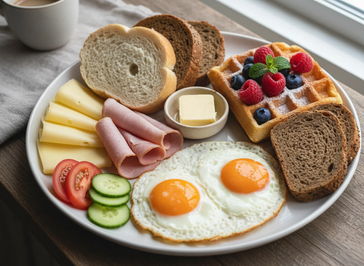 Frühstücksteller mit Spiegelei, Schinken, Käse und Brot photo