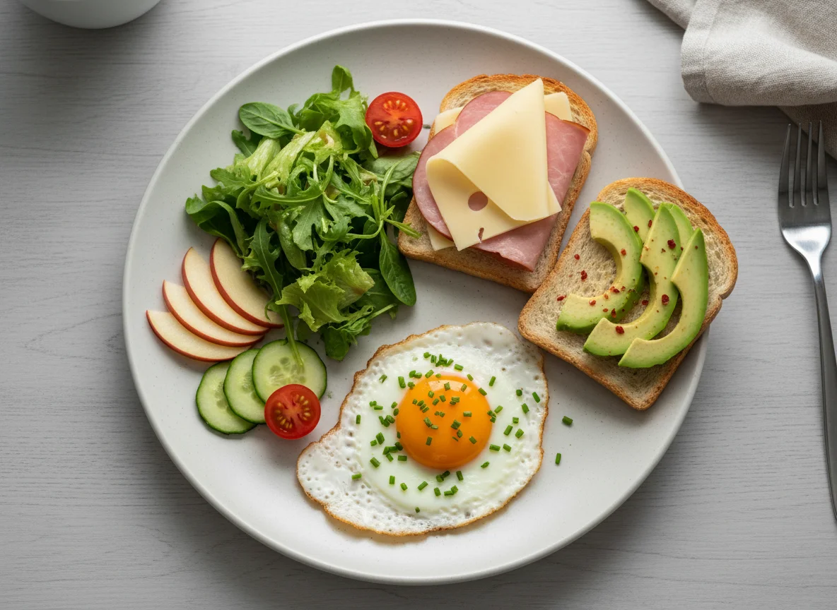 Frühstücksteller mit Spiegelei, Schinken-Käse-Brot und Salat photo