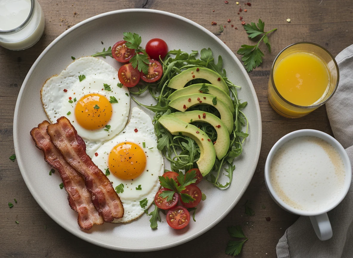 Frühstücksteller mit Spiegelei, Speck und Avocado photo