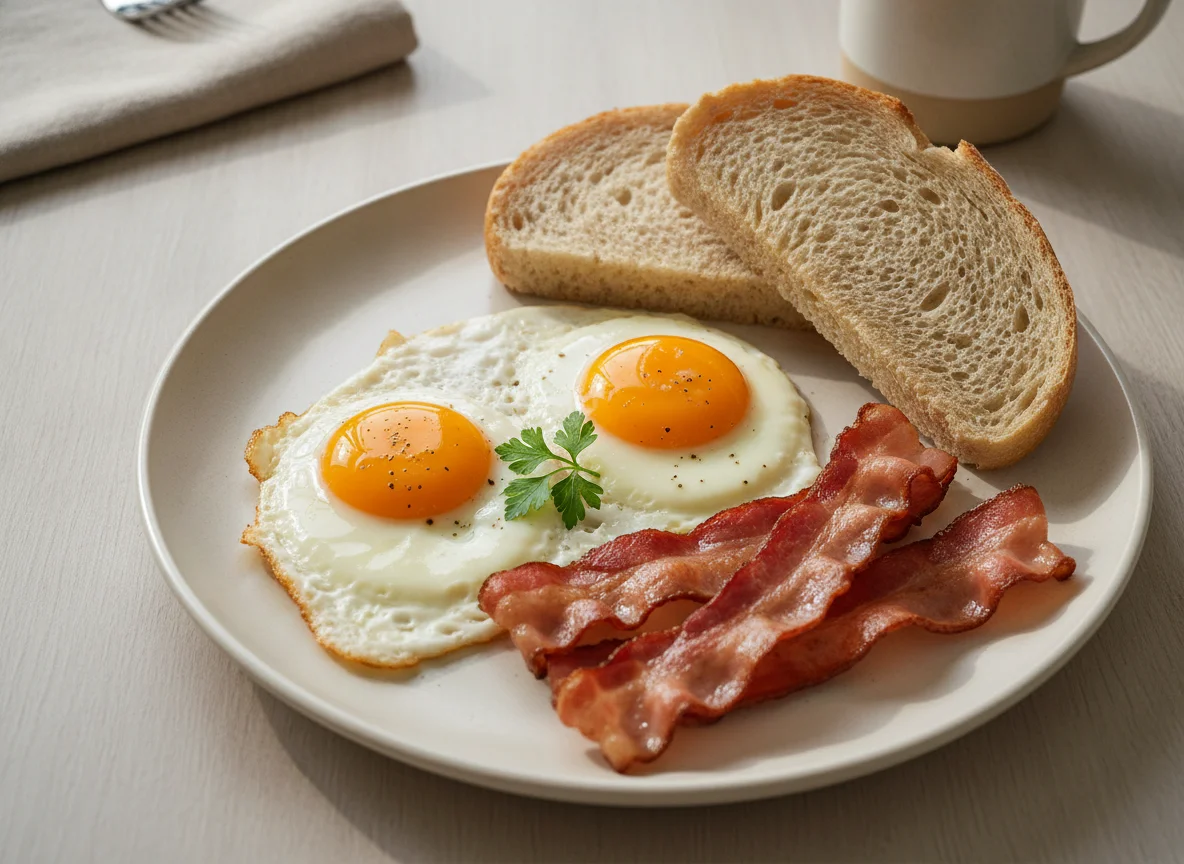 Frühstücksteller mit Spiegelei, Speck und Brot photo