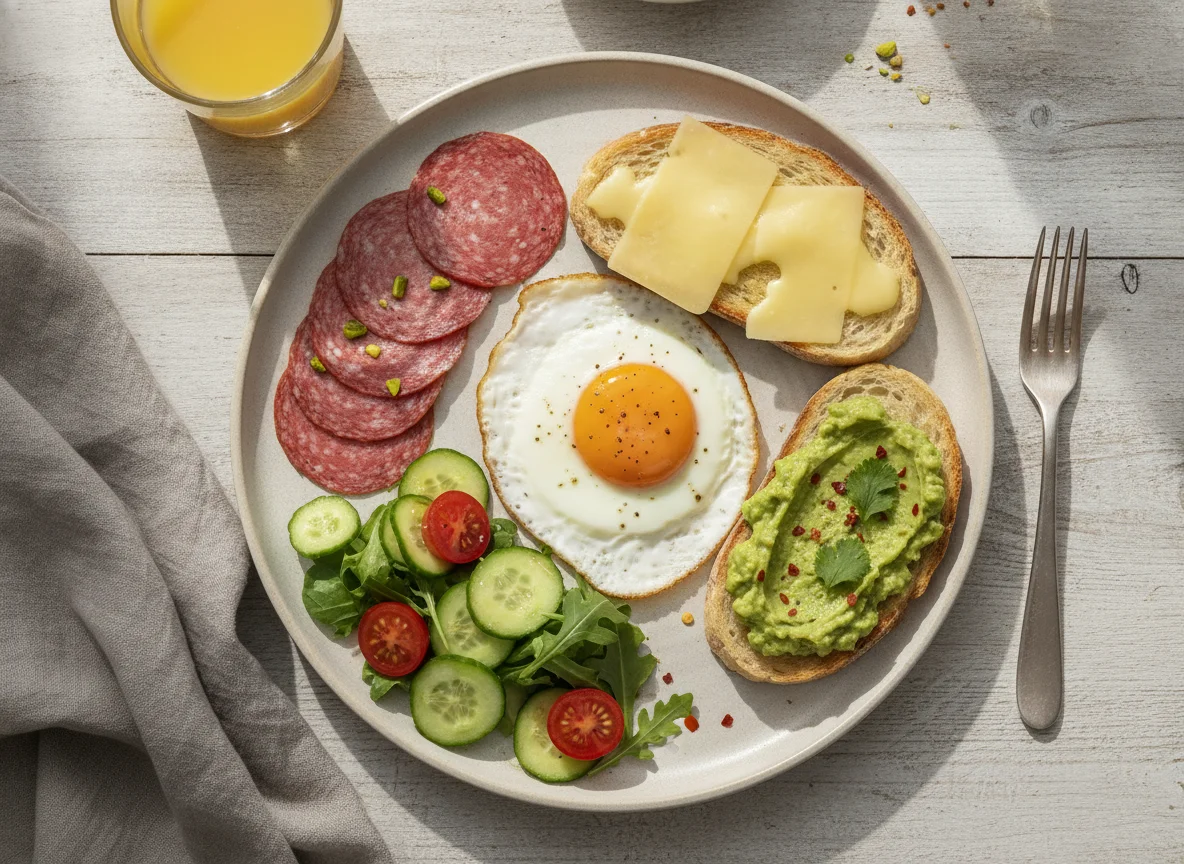 Frühstücksteller mit Spiegelei, Toast und Salami photo