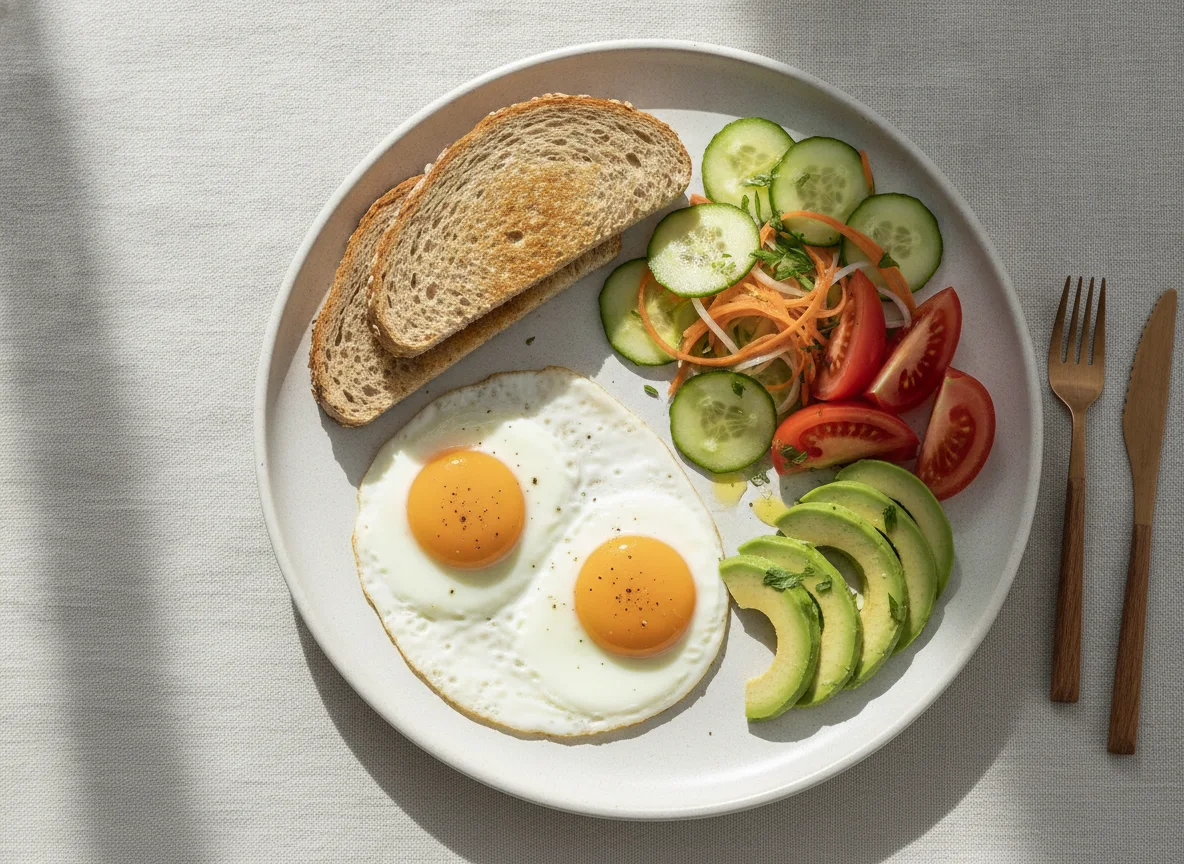 Frühstücksteller mit Spiegelei, Toast und Salat photo