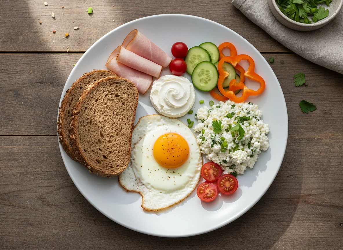 Frühstücksteller mit Spiegelei und Brot photo