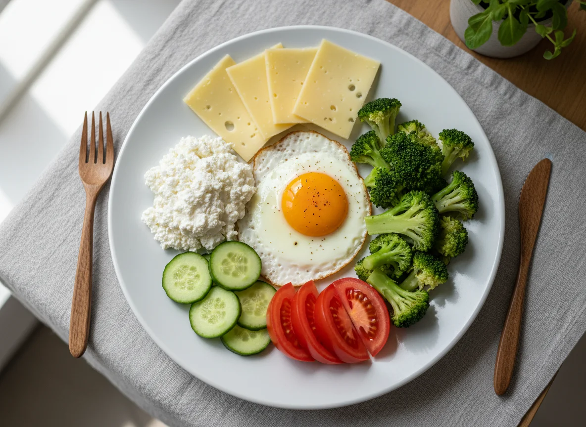 Frühstücksteller mit Spiegelei und Gemüse photo