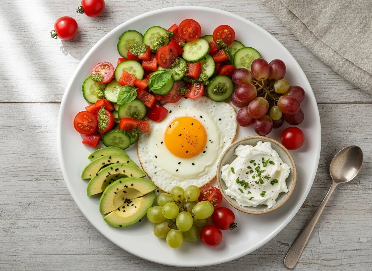 Frühstücksteller mit Spiegelei und Gemüsesalat photo