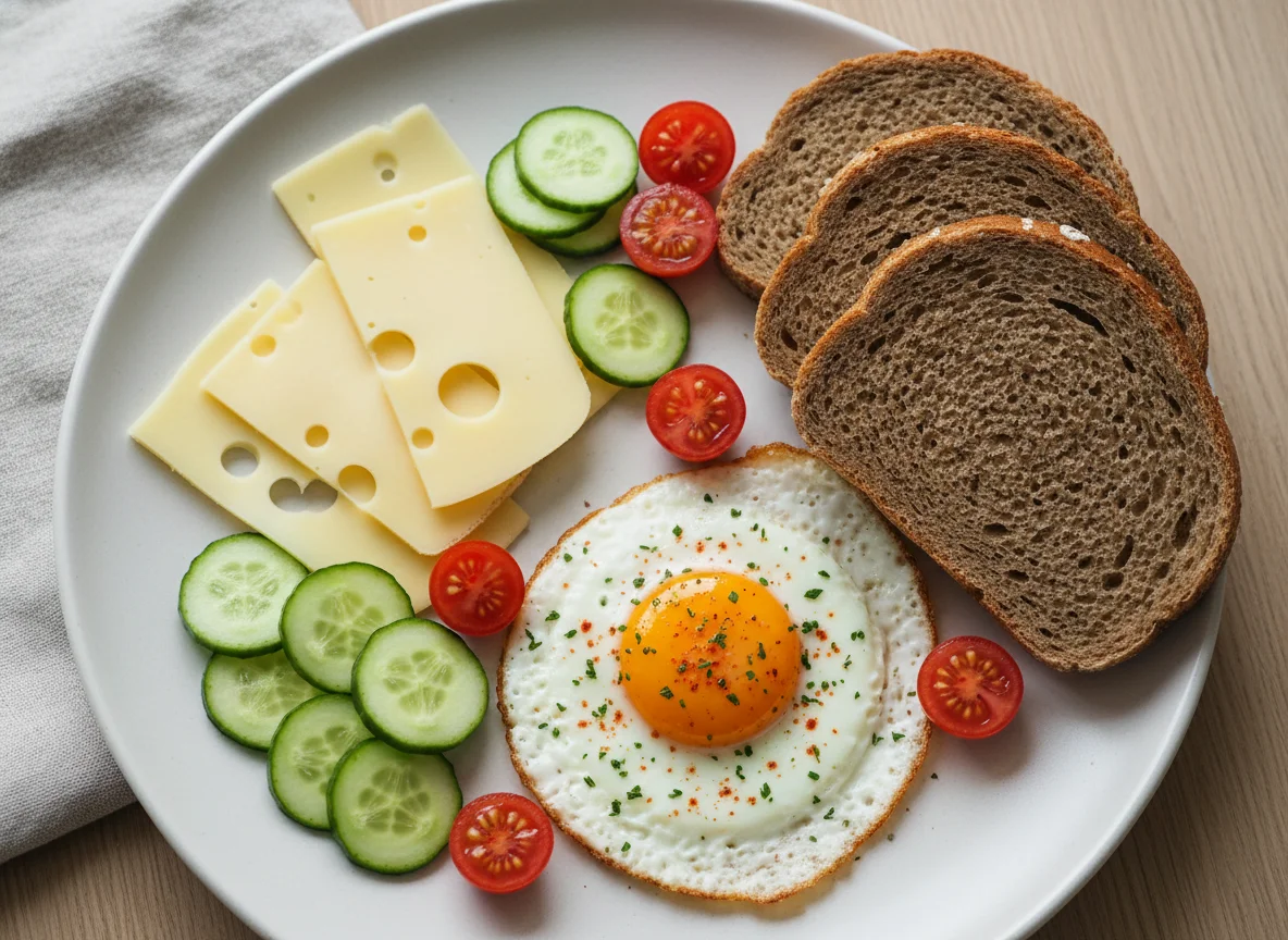 Frühstücksteller mit Spiegelei und Käse photo