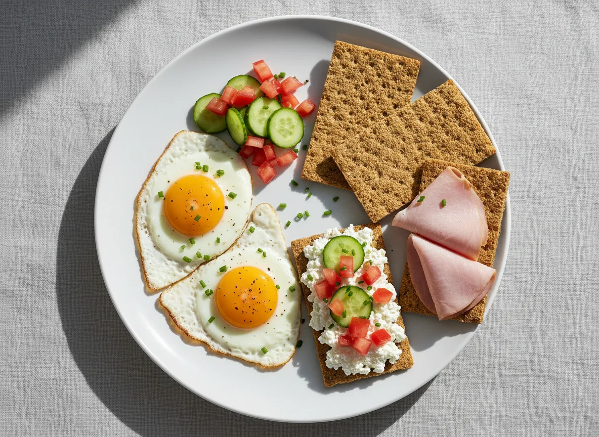 Frühstücksteller mit Spiegelei und Knäckebrot photo