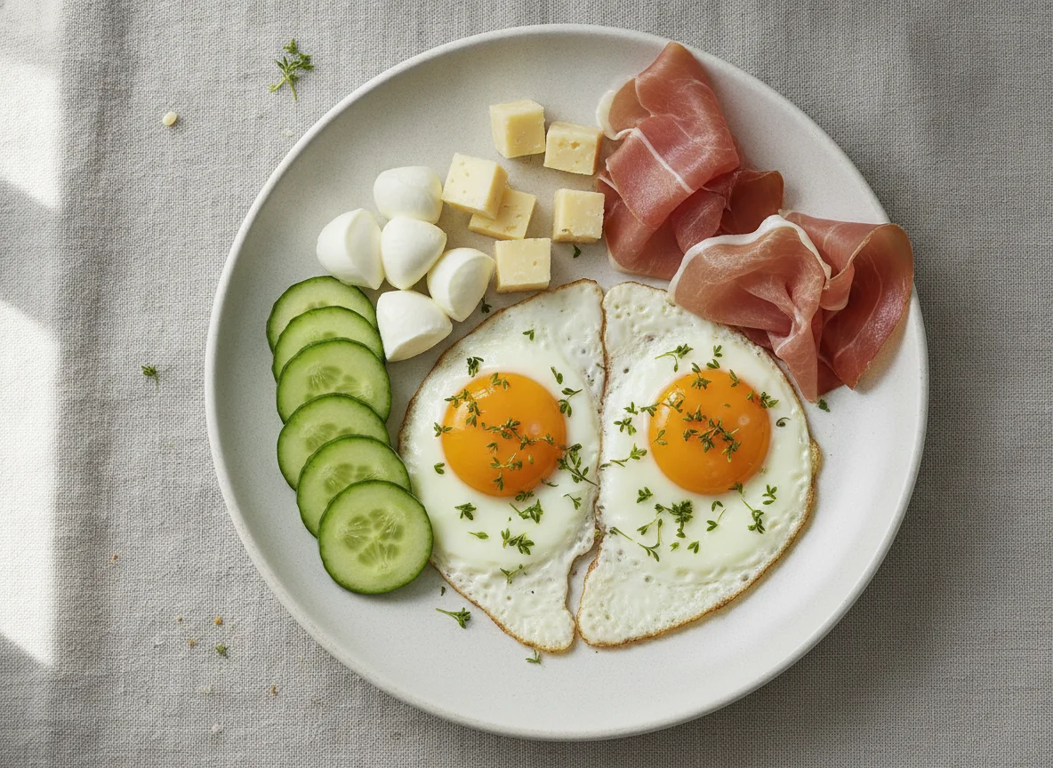 Frühstücksteller mit Spiegelei und Prosciutto photo