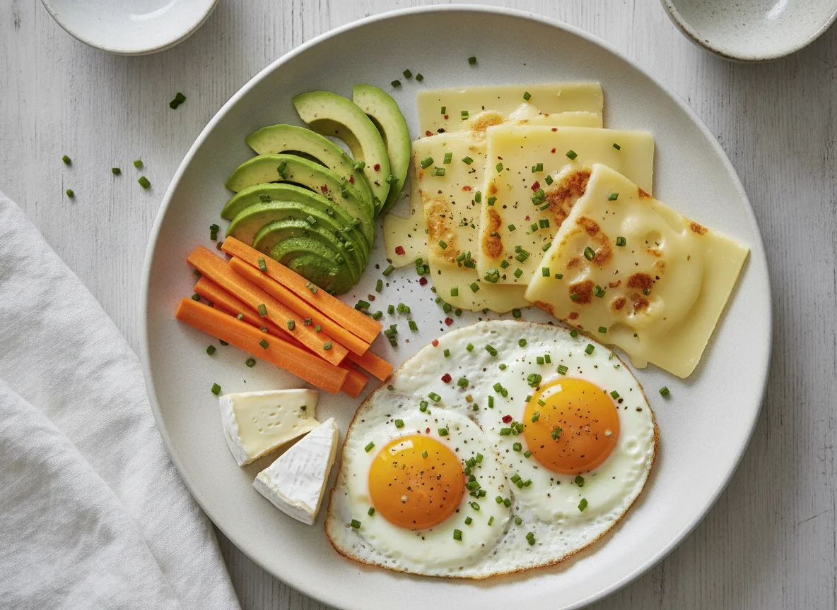 Frühstücksteller mit Spiegelei und Raclettekäse photo