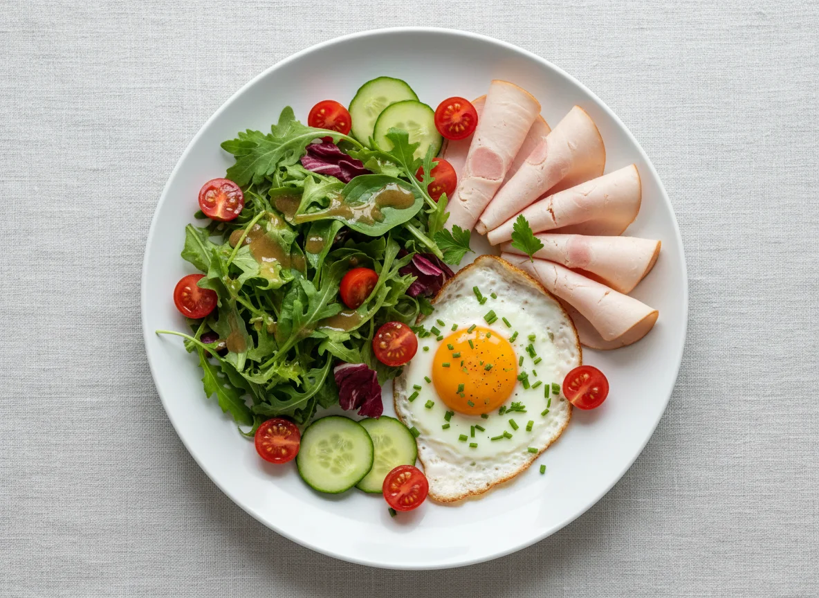 Frühstücksteller mit Spiegelei und Salat photo