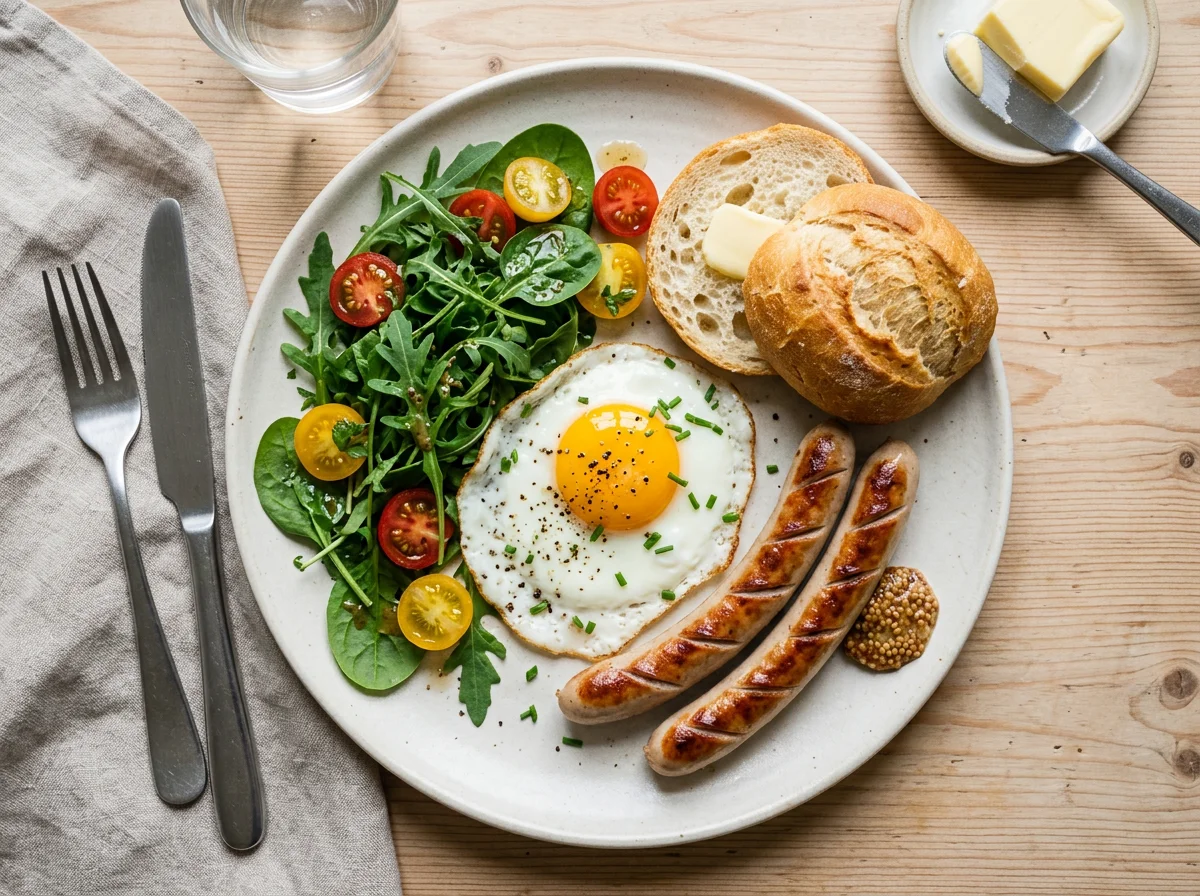 Frühstücksteller mit Spiegelei und Wurst photo