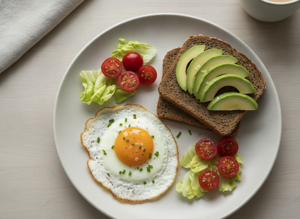 Frühstücksteller mit Spiegelei, Vollkornbrot und Avocado photo