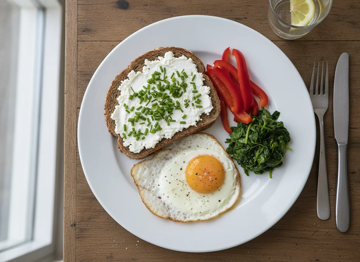 Frühstücksteller mit Spiegelei, Vollkornbrot und Gemüse photo