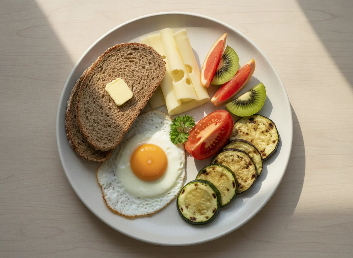 Frühstücksteller mit Spiegelei, Vollkornbrot und Obst photo