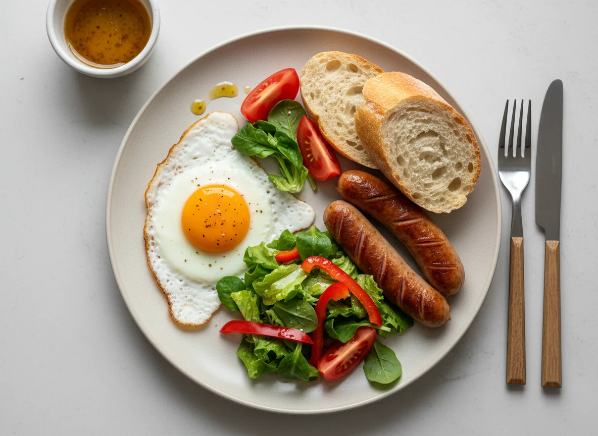 Frühstücksteller mit Spiegelei, Wurst und Salat photo